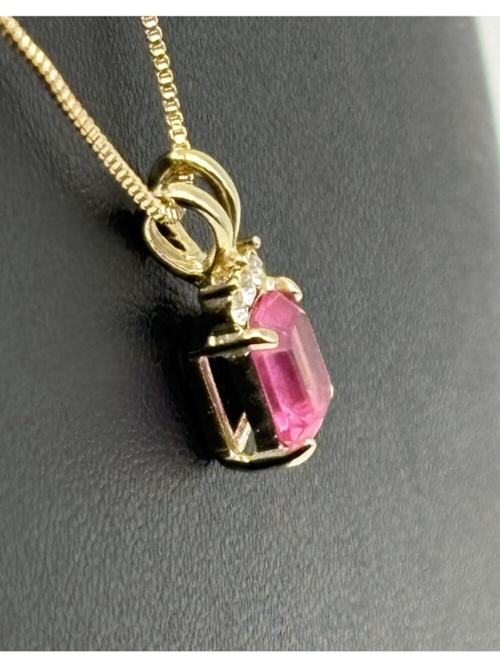 Vintage Emerald Cut Light Pink Glass Pendant Necklace Rabbit Ear Bail Gold Tone